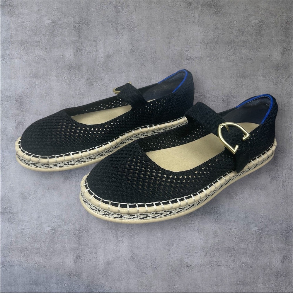 Black Women's Espadrille Mary Jane Flats with Gold Buckle - Picture 3 of 9